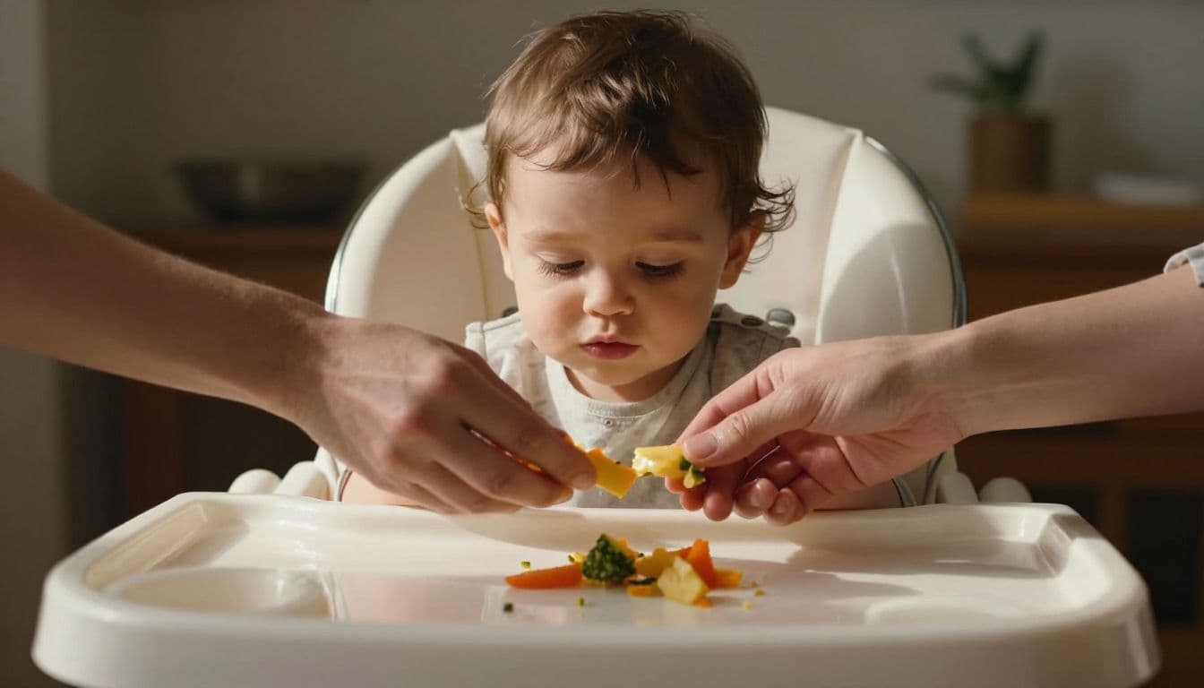An adult hand carefully sets a small piece of steamed vegetable onto a wooden high chair tray. The warm kitchen background creates a soft, calm atmosphere for supervised toddler mealtime.