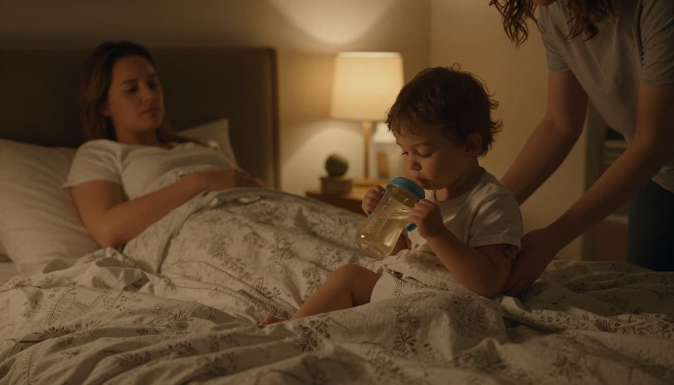 Toddler drinks water from sippy cup in bed at night, parent offers warm broth nearby under dim lamp.
