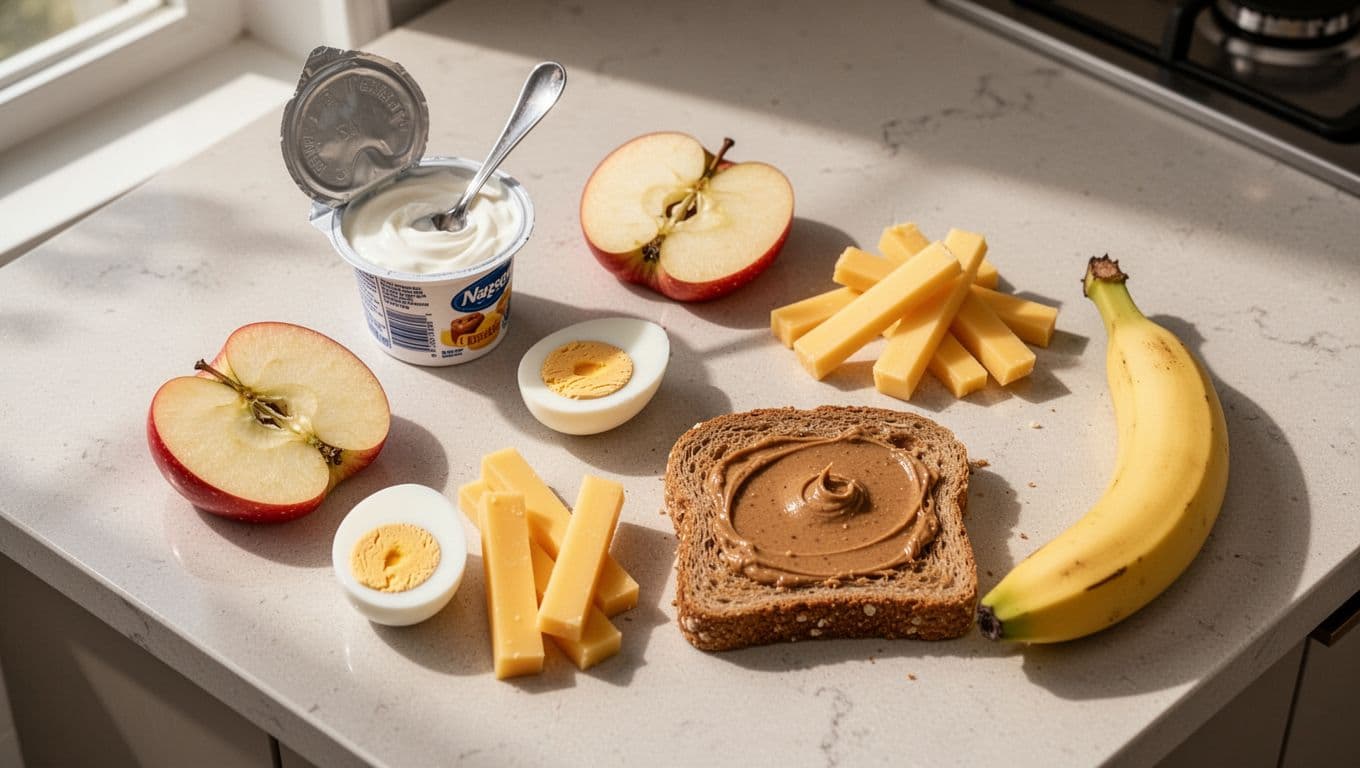 Top-down view of modern kitchen counter with neatly arranged yogurt cup, apple slices, halved egg, cheese sticks, nut butter toast, and banana.