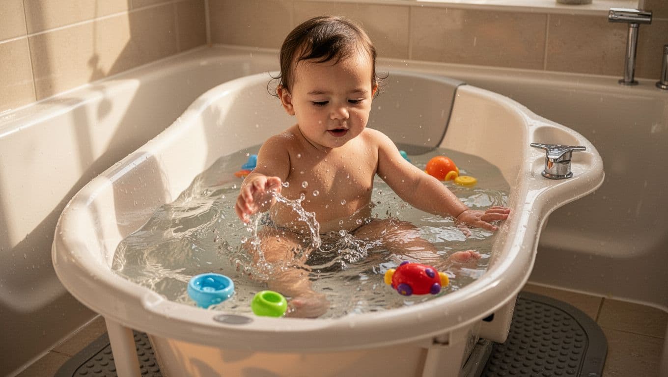 Toddler sits upright in spacious stable baby bathtub in full-size tub, splashing water with toys.