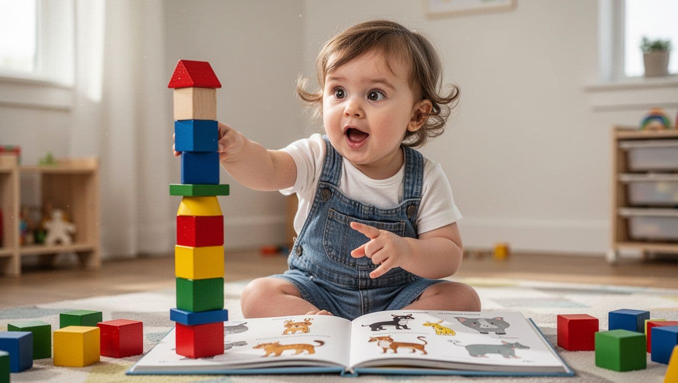 18-month-old girl stacks colorful wooden blocks into tower while pointing at open picture book showing animals in bright playroom.