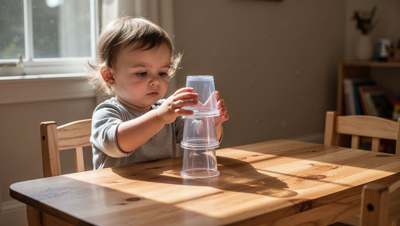 A focused toddler sits at a small wooden table, carefully balancing colorful plastic cups. Sunbeams illuminate the indoor scene, casting soft shadows while highlighting the child's engaged and quiet play.