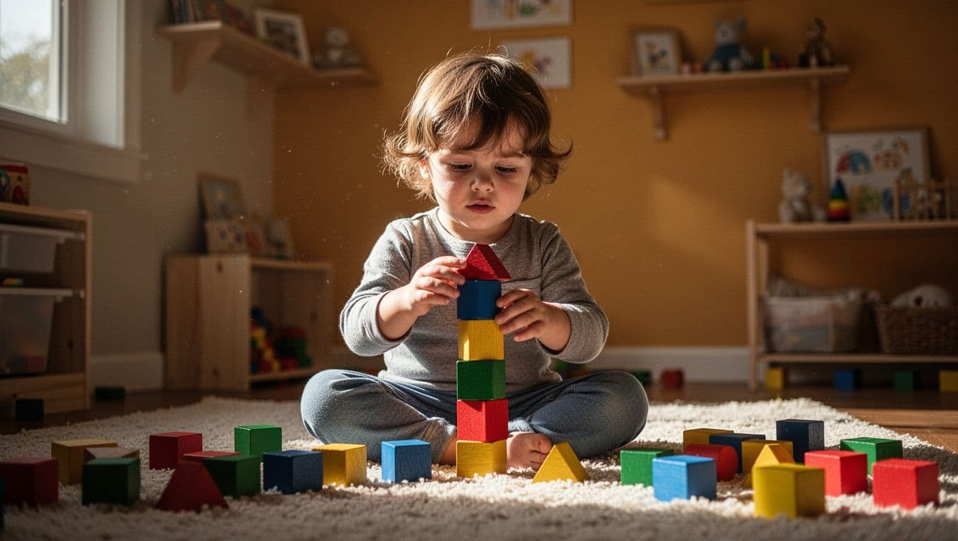 A focused young child sits cross-legged on a soft rug, carefully balancing bright, geometric wooden blocks. Warm light pours into the cozy room, emphasizing the textures of the tactile wooden toys.