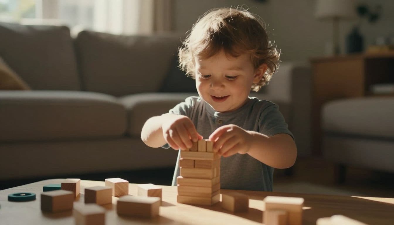 A focused toddler carefully balances vibrant wooden building blocks on a soft carpet. Sunlight filters through the nearby window, highlighting their concentrated expression and tiny hands during this creative afternoon play.