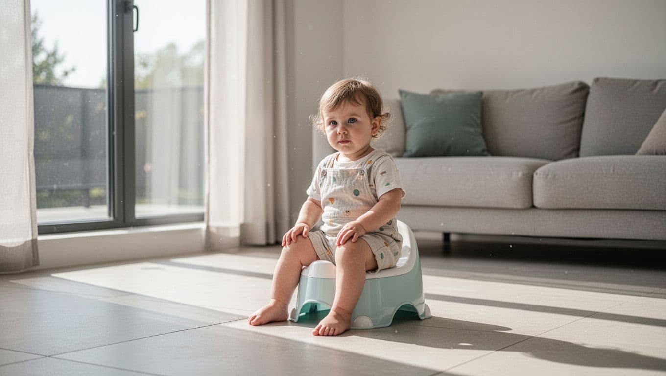 A young child in light summer attire sits on a simple plastic potty within a minimalist living room. Golden sunlight streams through a large window, illuminating the serene and uncluttered space.