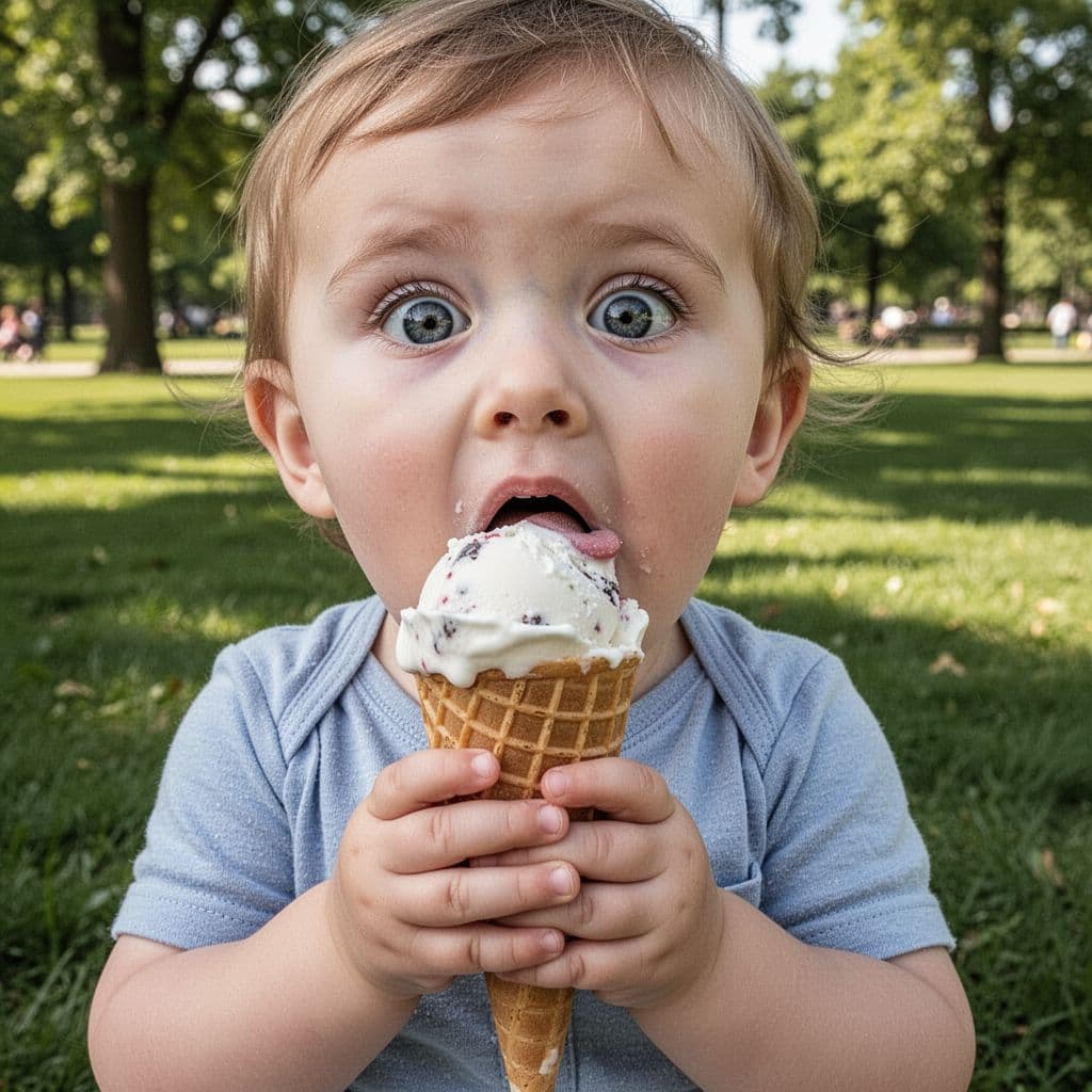 Young toddler with surprised expression holds ice cream cone; tongue barely extends past lips in close-up, sunny park background.