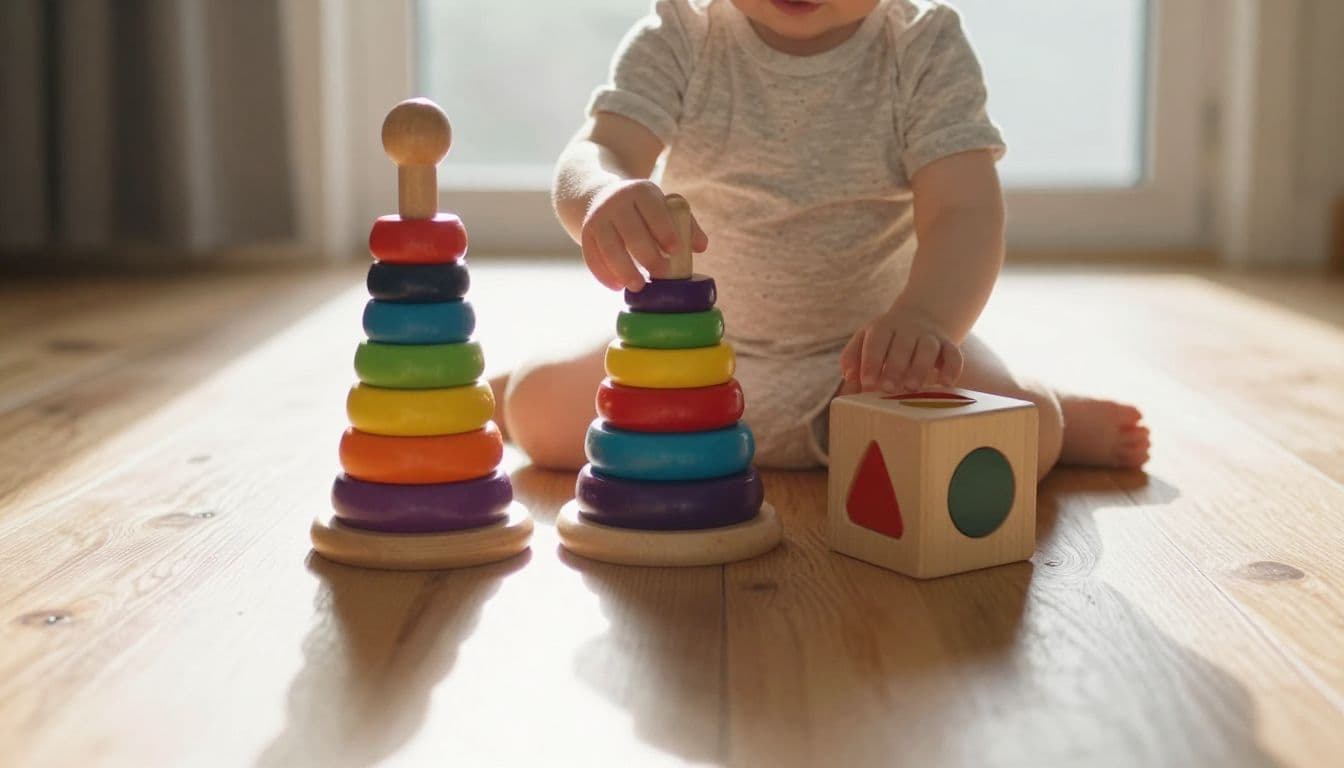A toddler sits on a warm wooden floor, focused on arranging colorful stacking rings and a shape sorter cube. Bright natural light illuminates the scattered toys, highlighting their smooth, textured surfaces.