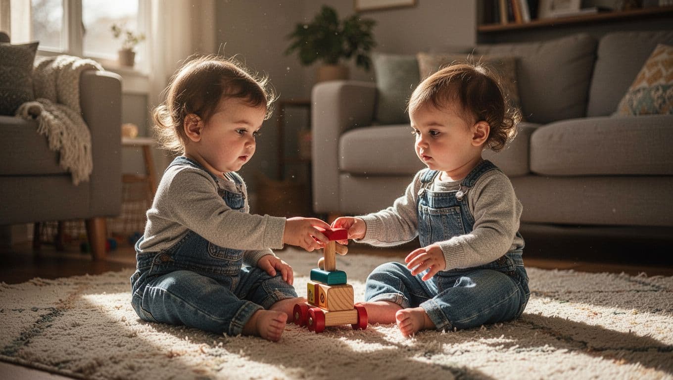 Two toddlers sit together on a plush area rug, one child gently hands a carved wooden block to the other. Soft sunlight filters into the cozy, warm living room setting.