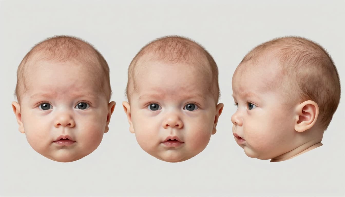 Top-down view of three side-by-side infant heads: normal symmetrical round, brachycephaly wider flat back, plagiocephaly flat side with forward ear.