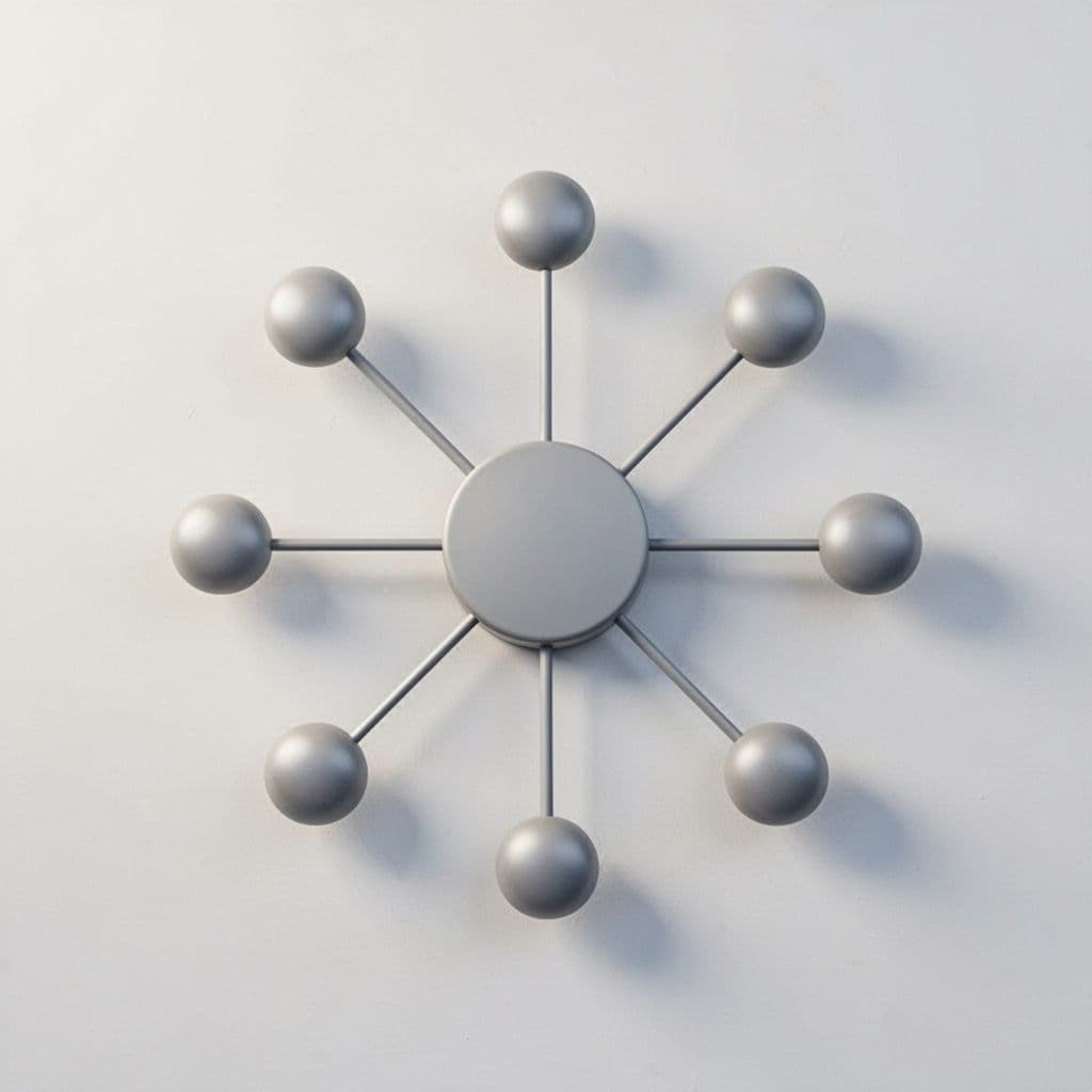 A central circle connected to several smaller satellite circles via thin lines on a light background.