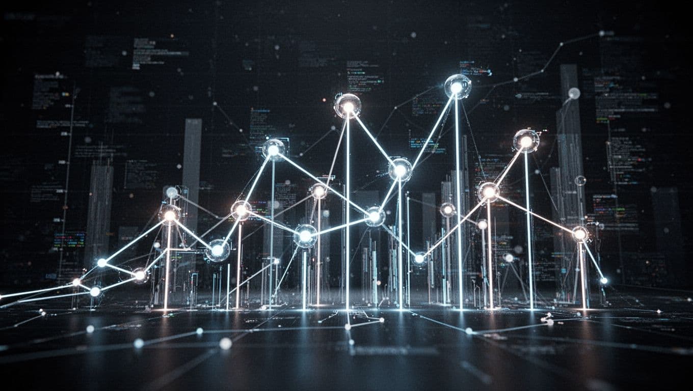 Bright, glowing data nodes connect across a dark background, forming an upward-trending chart that represents structural growth. The intricate network illuminates the space, highlighting the complex relationships between pieces of content.
