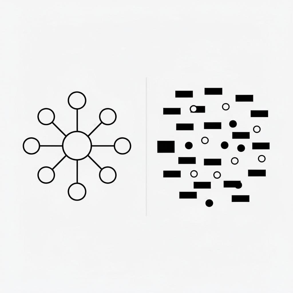 Diagram contrasts branching hierarchical structure on one side with jumbled scattered elements on the other using black lines on white.