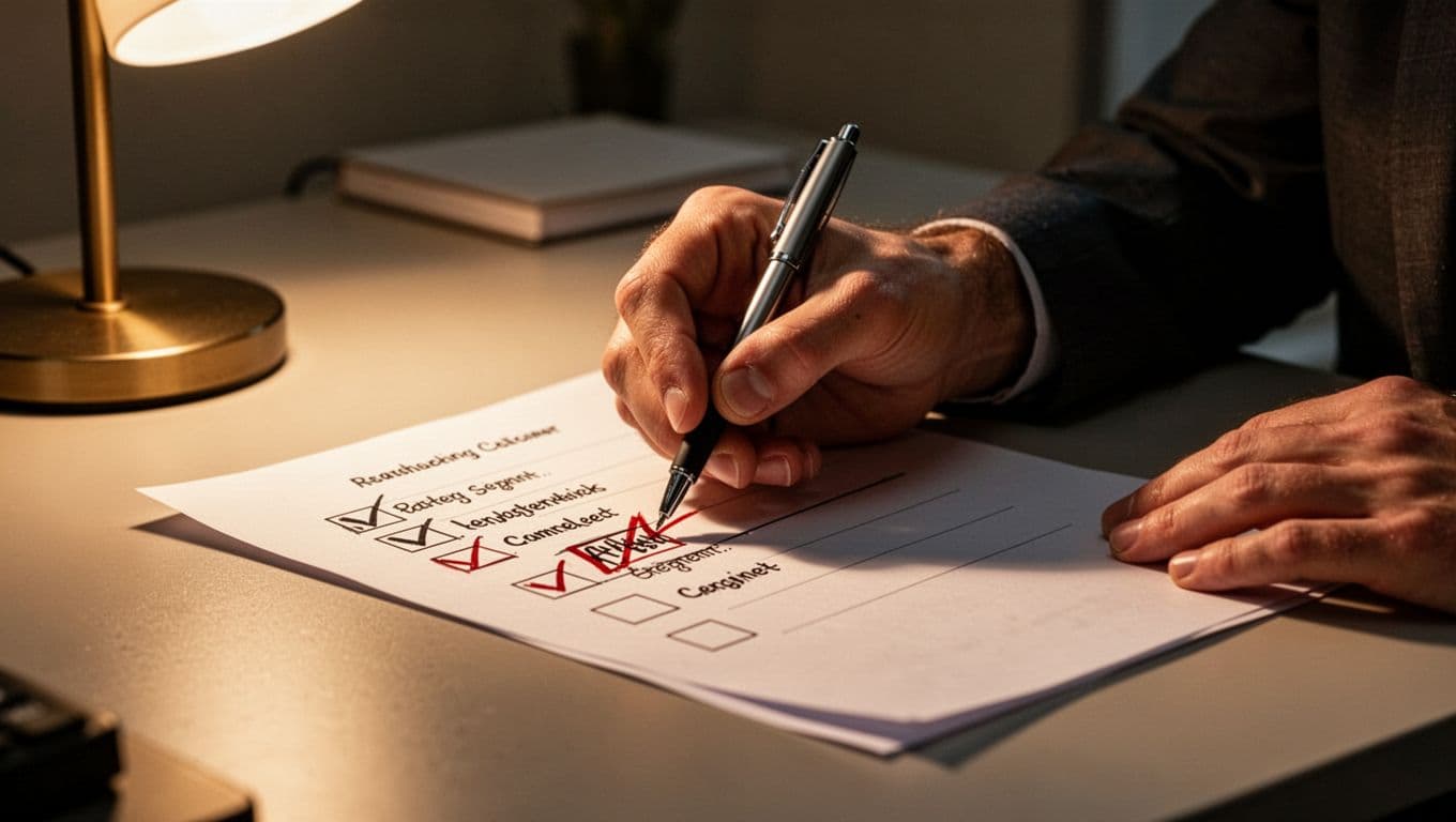 A close-up view focuses on a hand holding a pen while crossing out an item on a handwritten debt list. Warm ambient light illuminates the paper against a dark background.