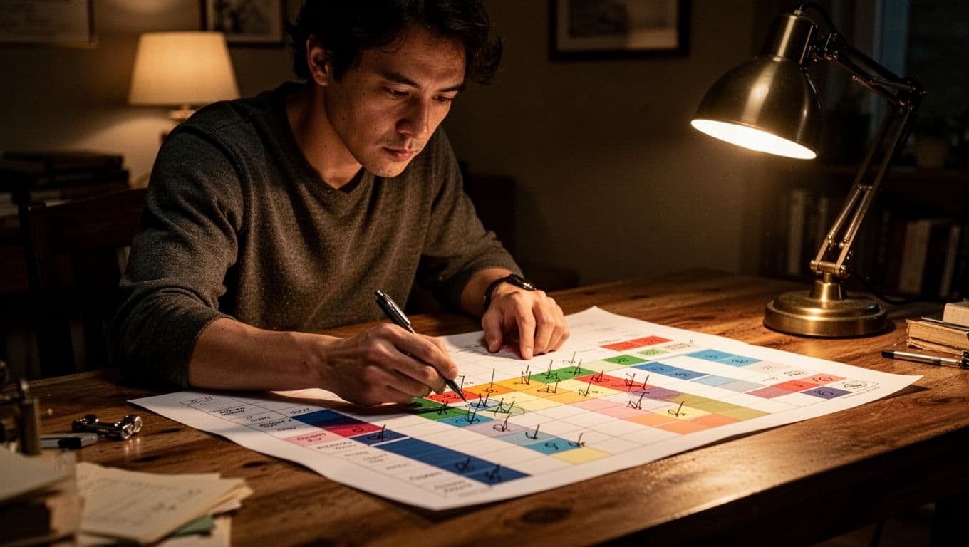 A focused individual sits at a wooden desk, using a pen to color in sections of a vibrant visual chart. Warm ambient lighting illuminates the paper and their attentive workspace.