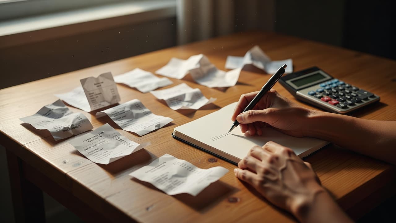 A person sits at a sunlit wooden desk meticulously recording numbers in a notebook. Nearby, a calculator rests beside a small pile of receipts, highlighting an organized approach to personal budgeting.