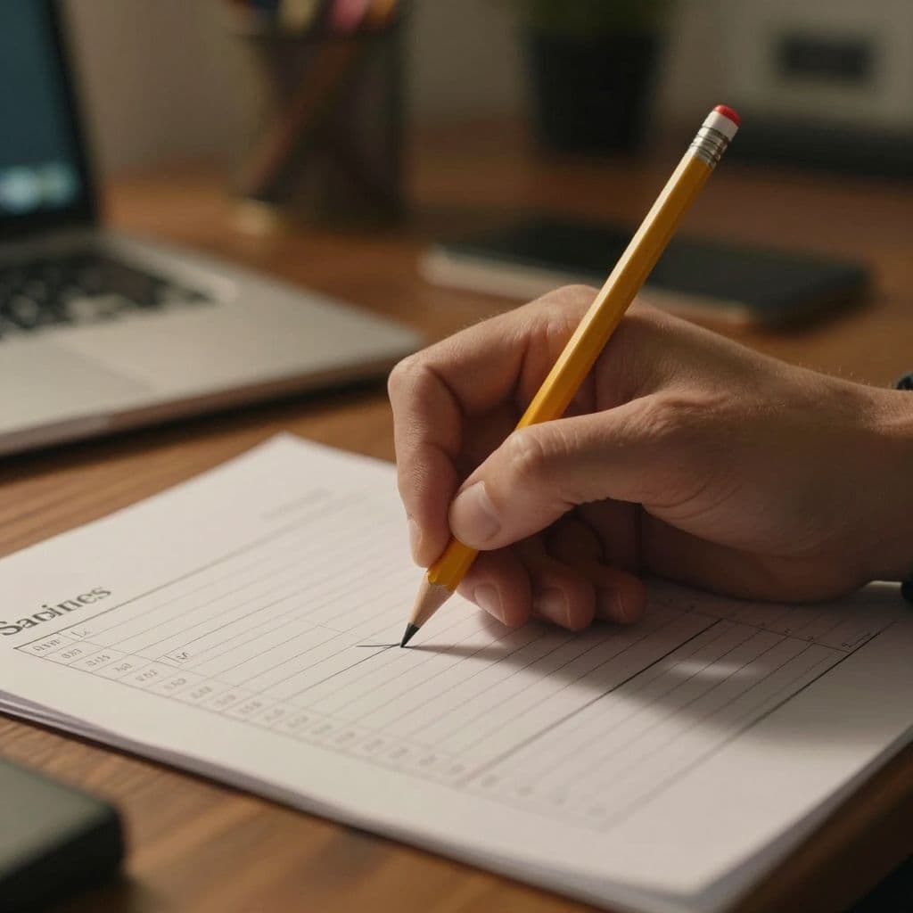 A close-up view focuses on a hand using a pencil to shade a paper savings tracker. Soft warm ambient light highlights the texture of the paper and the pencil lead details.