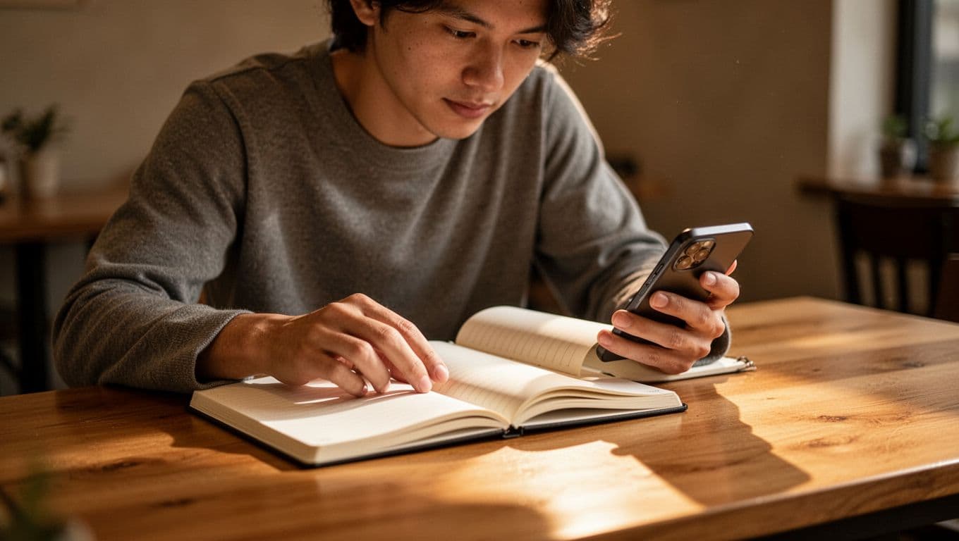 A focused individual sits at a clean wooden surface, carefully reviewing financial notes in a personal journal while cross-referencing digital data on a smartphone. Warm golden light highlights the quiet environment.