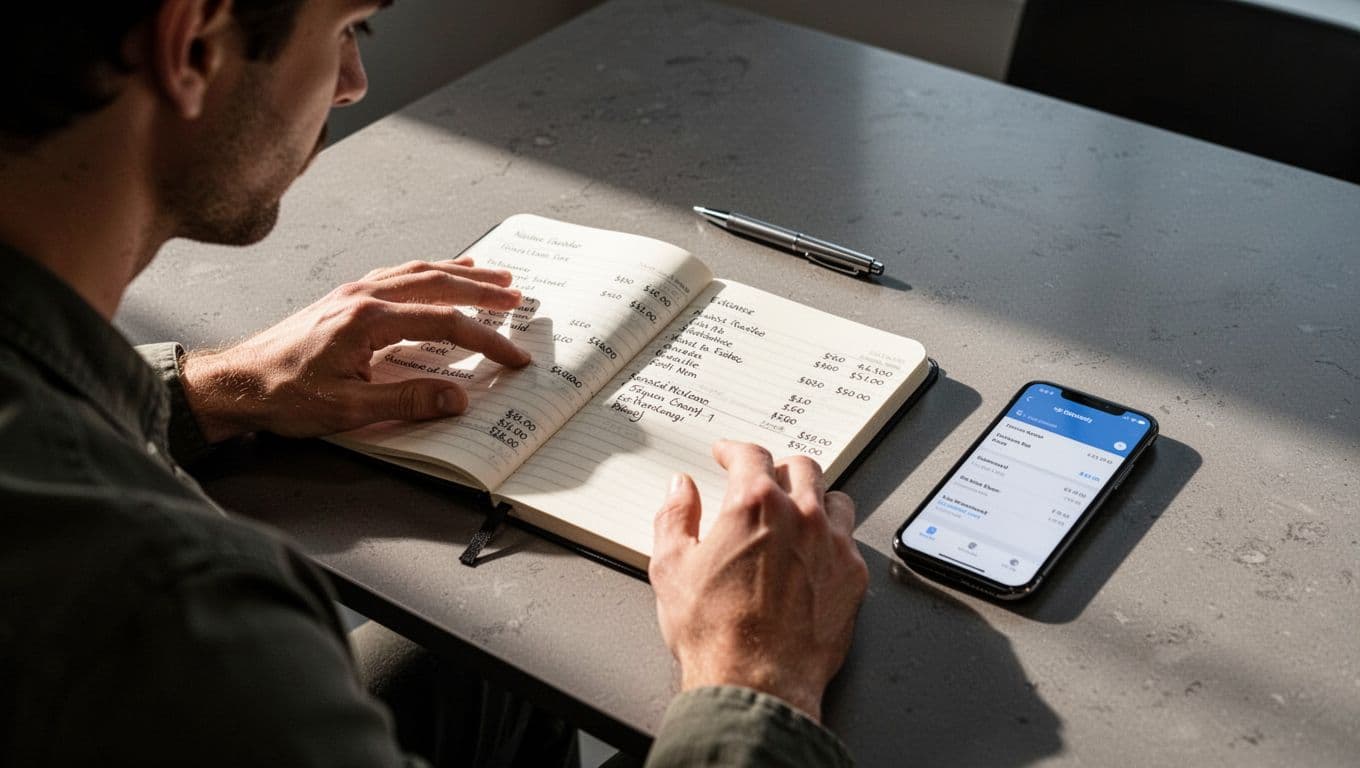 An open notebook with handwritten lists of financial expenses rests on a minimalist desk beside a smartphone displaying a banking app. A single pen lies nearby under dramatic, high-contrast studio lighting.