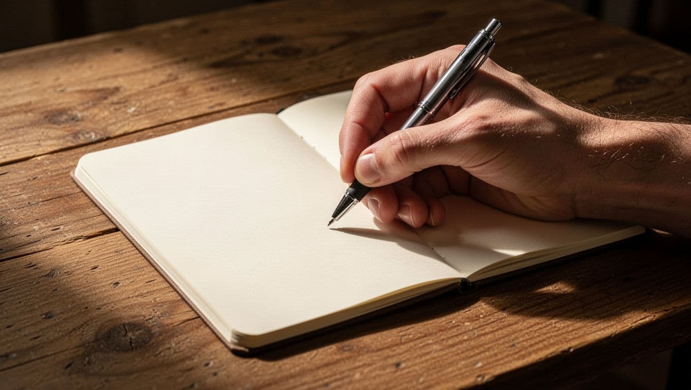 A close-up of a person holding a pen to write in a simple paper notebook resting on a rustic wooden table. Warm light highlights the hand and creates deep, soft shadows.