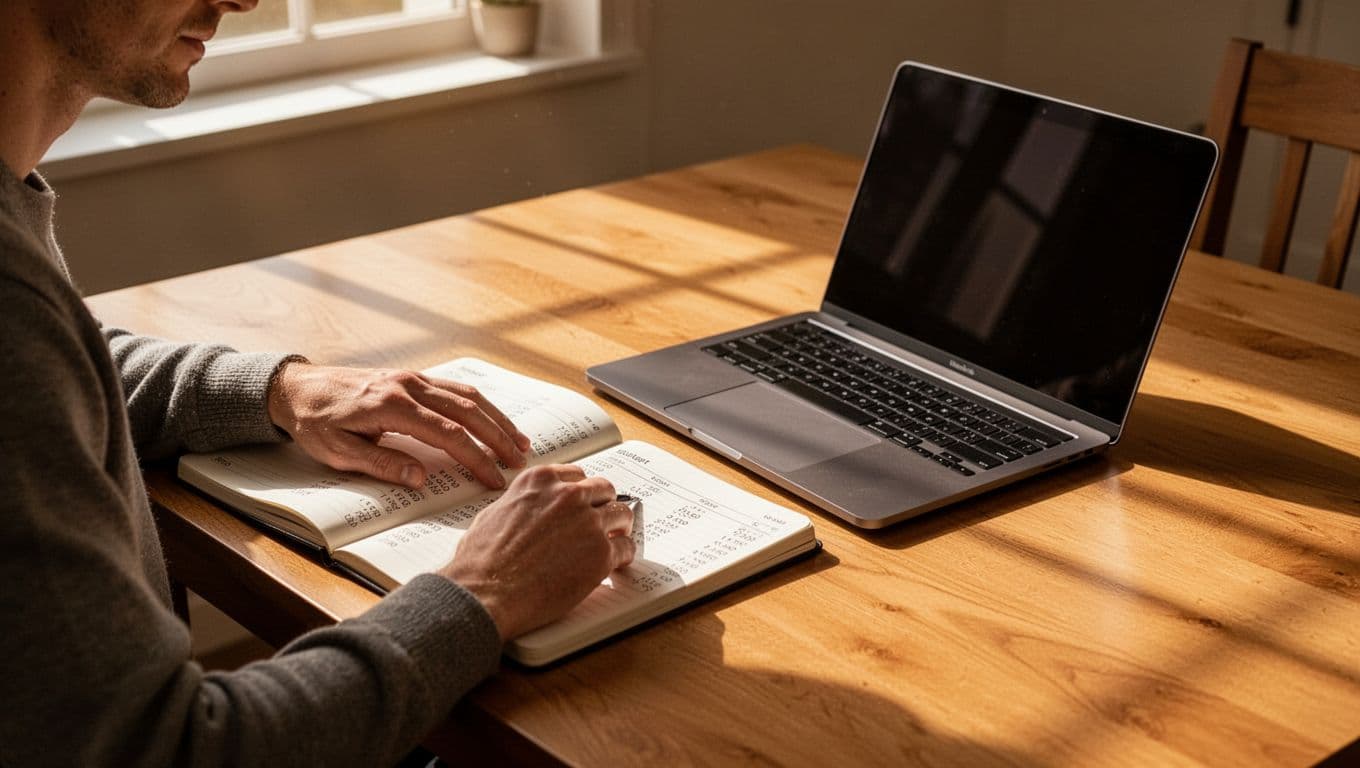 An individual sits at a minimalist wooden table, intently reviewing financial figures within a paper notebook and on a laptop. Warm morning sunlight illuminates the clean, distraction-free workspace from the side.