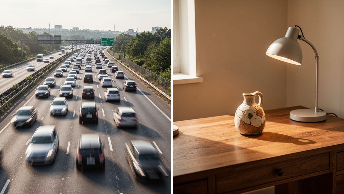 A split composition contrasting a blurred high-traffic highway with a single, handcrafted product on a cozy wooden desk.