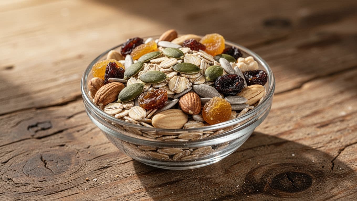 Small clear bowl of trail mix with rolled oats, pumpkin seeds, sunflower seeds, nuts, and dried fruits on rustic wooden table.