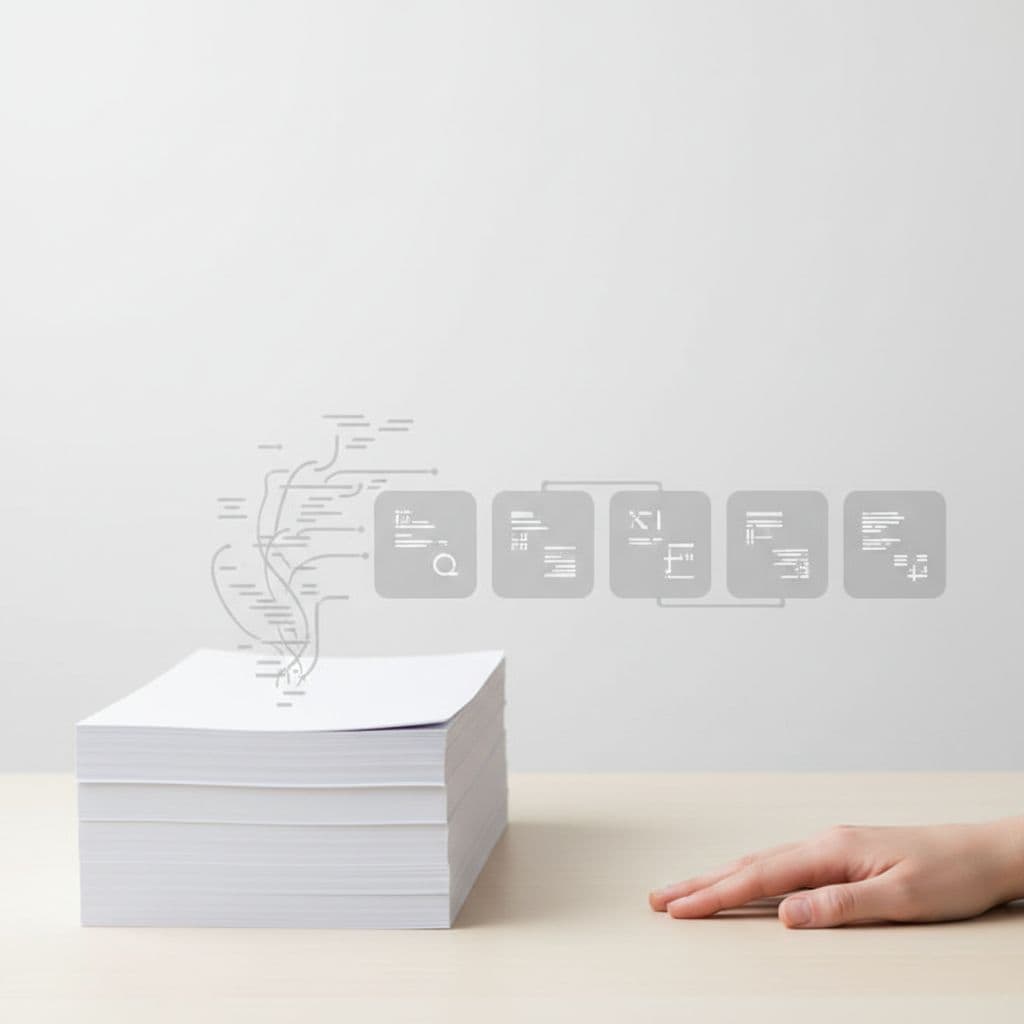A stack of documents transforms into a row of digital slides on a minimalist desk surface.