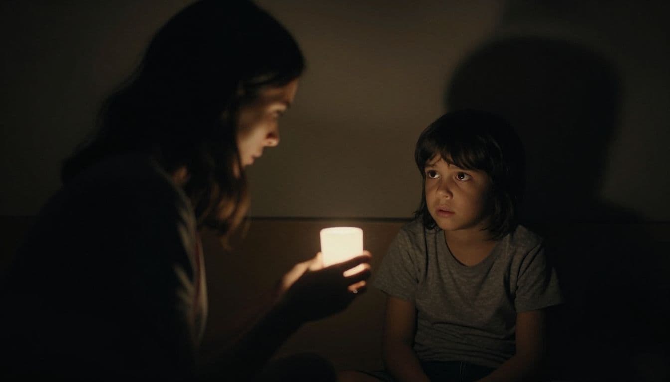A dark, moody room features a shadowy parent figure holding a small, glowing light near an uncertain child. Sharp contrast between the warm glow and deep, cold surrounding shadows illustrates complex emotions.