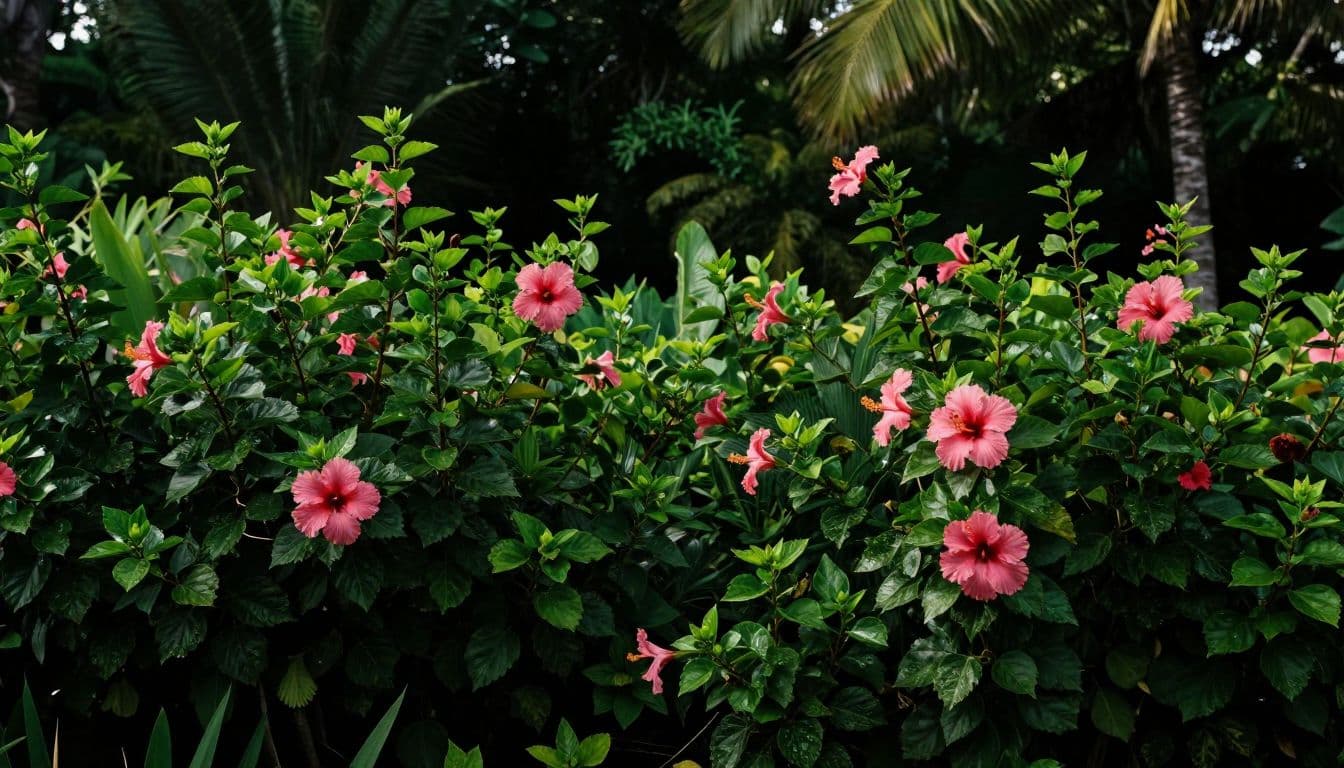 Vibrant red hibiscus blossoms bloom amidst dense, verdant foliage in this lush garden scene. Sharp natural sunlight highlights the textured petals and deep green leaves, creating a serene, peaceful island atmosphere.