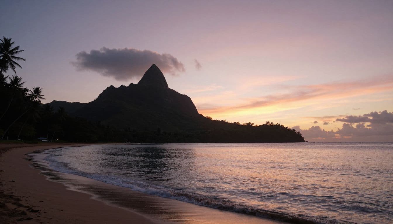 Calm ocean waves gently roll onto a sandy beach as the sun sets behind distant lush mountains. The horizon glows with soft pastel hues, casting a warm light over the water.