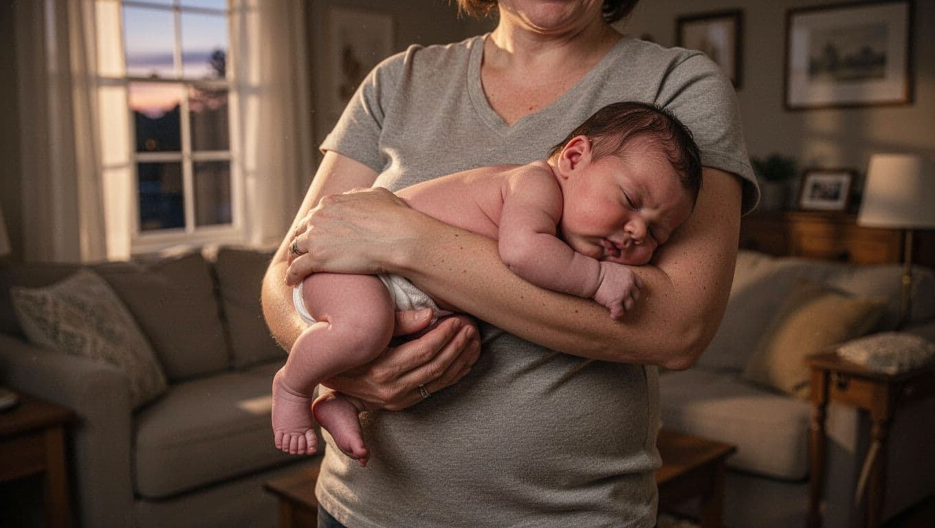 Parent in cozy living room holds relaxed newborn tummy-down across forearm in soft evening light.