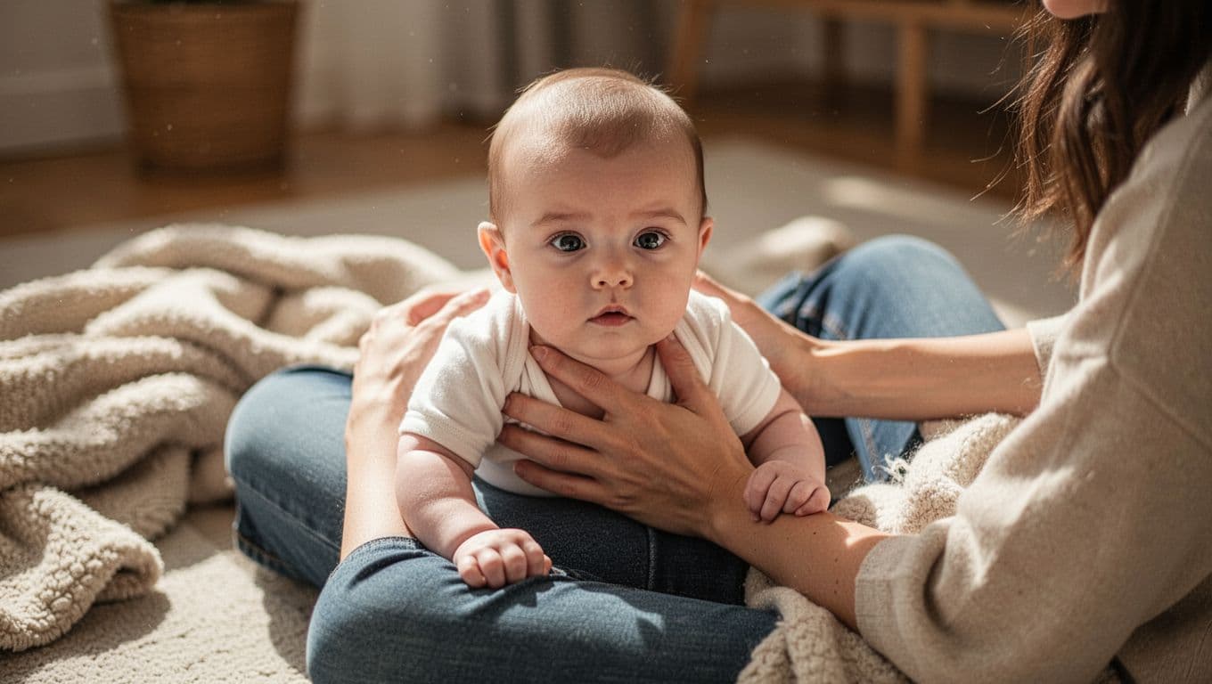 Parent sitting on the floor supports baby tummy-down across lap on thighs with one hand under chest; baby looks forward with slight head lift in home setting with soft blanket and warm lighting.