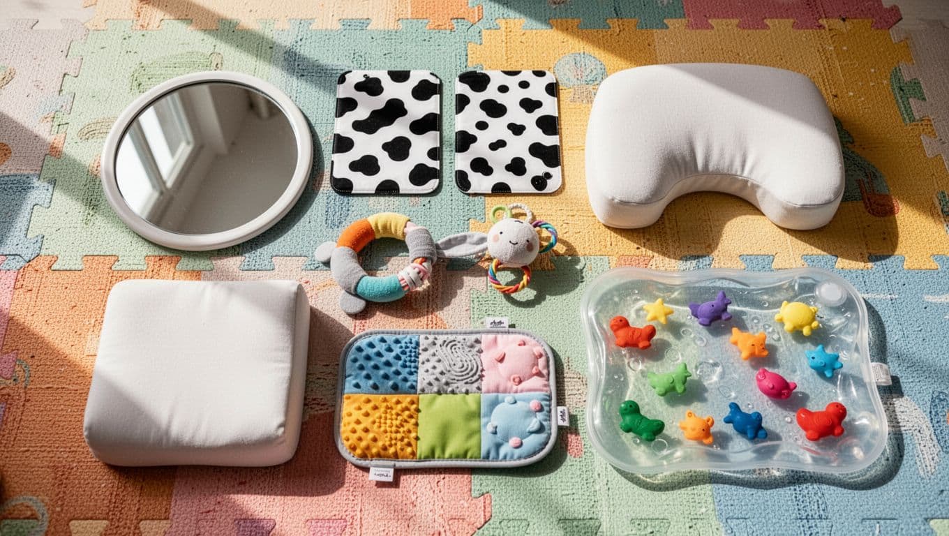 Top-down realistic photo of six curated baby-safe tummy time tools neatly arranged on a colorful textured play mat in bright natural daylight.