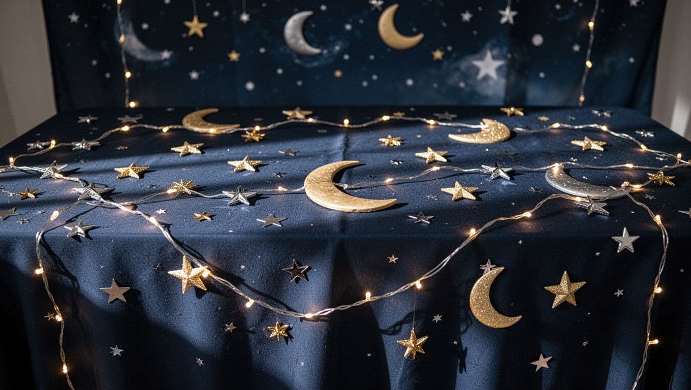 A deep navy tablecloth serves as the base for golden crescent moons and glittering silver stars. Soft string lights cast a warm glow across the elegant baby shower display setup.
