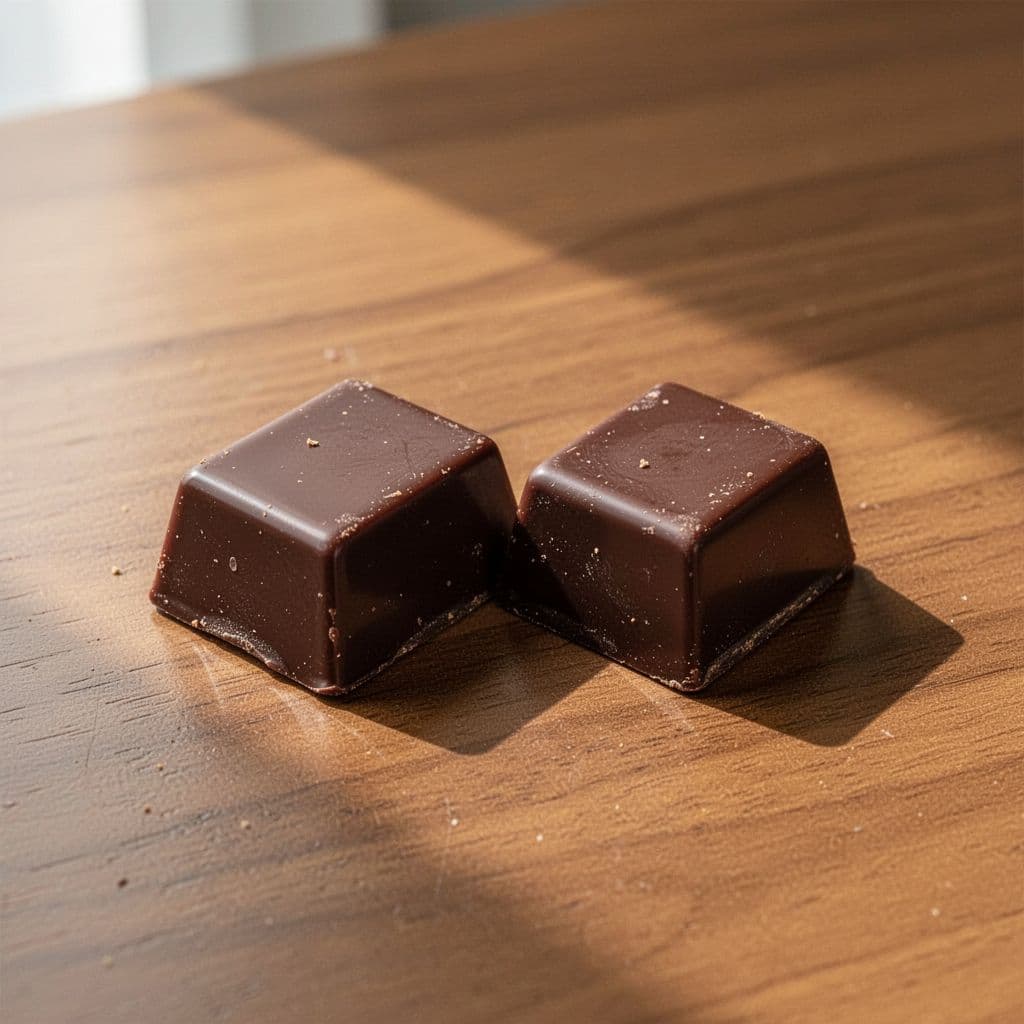 Two dark chocolate squares rest on a clean wooden surface in soft natural daylight.