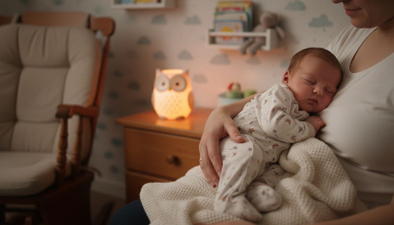 A parent gently holds their two-month-old baby in soft pajamas from behind in a cozy nursery at bedtime, illuminated by a dim warm night light with a rocking chair nearby, evoking a soothing atmosphere.