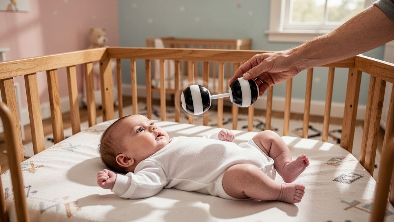 Two-month-old baby in crib tracks black-and-white toy with eyes as parent's hand moves it side to side in sunlit nursery.