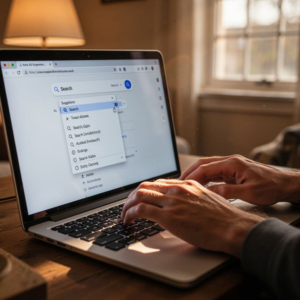 A pair of hands types on a backlit keyboard within a darkened, intimate space. The laptop screen illuminates the workspace, displaying a search bar filled with a list of suggested queries.
