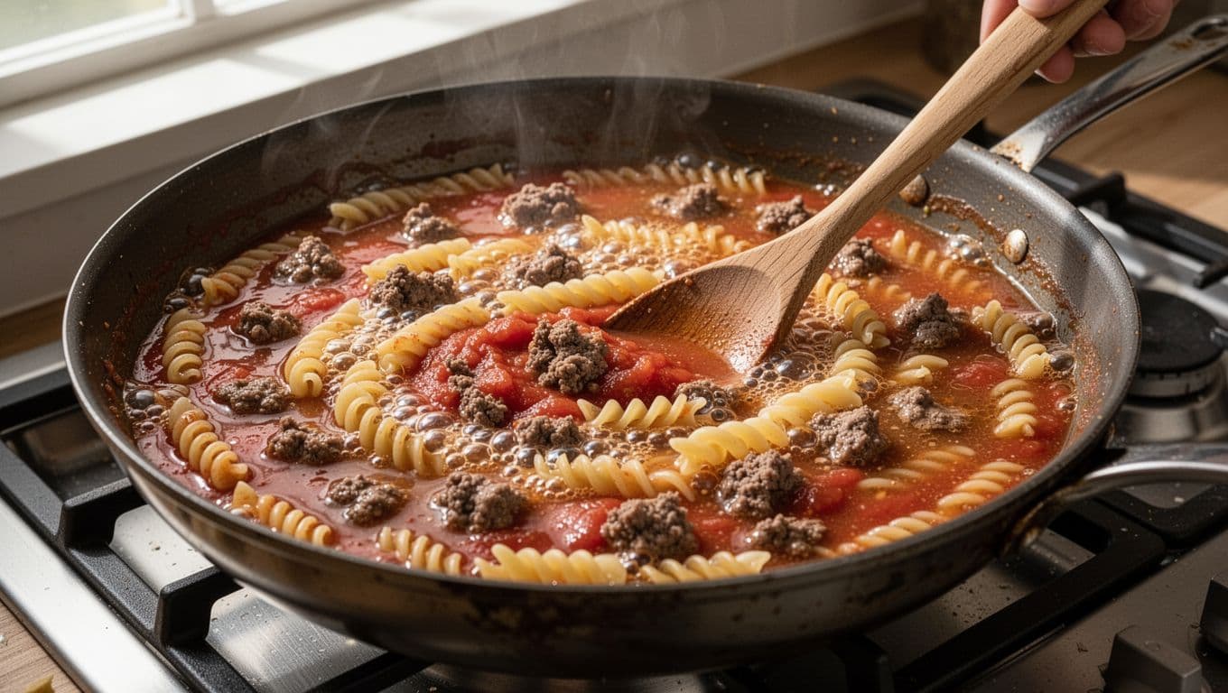 Skillet filled with uncooked rotini pasta submerged in bubbling broth-salsa mix with beef bits, wooden spoon stirring.