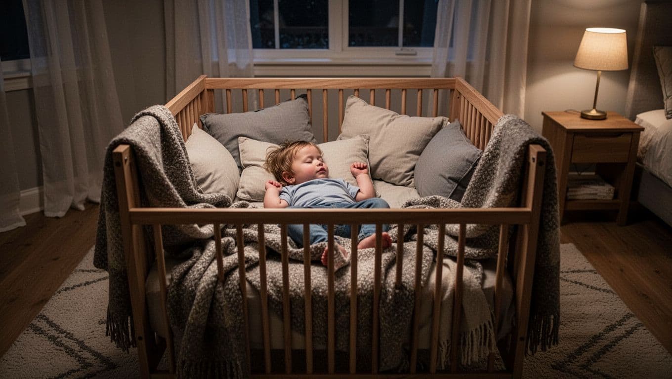 Toddler sleeps on back in crib with loose pillows and heavy blankets piled around in dim nighttime bedroom.