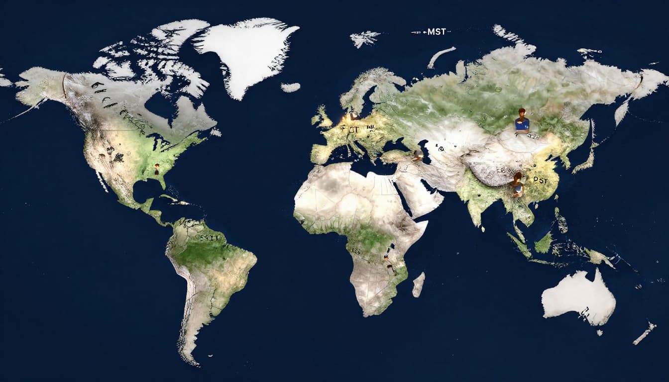 North America map highlights US timezones with subtle glows on major cities and four people icons holding phones in evening light.