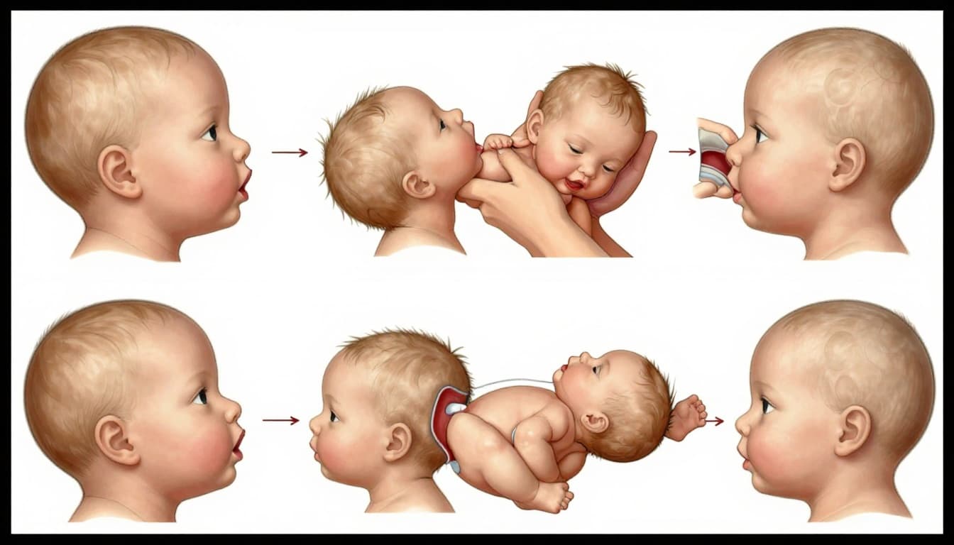 Four-panel side cross-section diagram of baby's head crowning, delivering, shoulders descending under pubic bone, and body emerging.