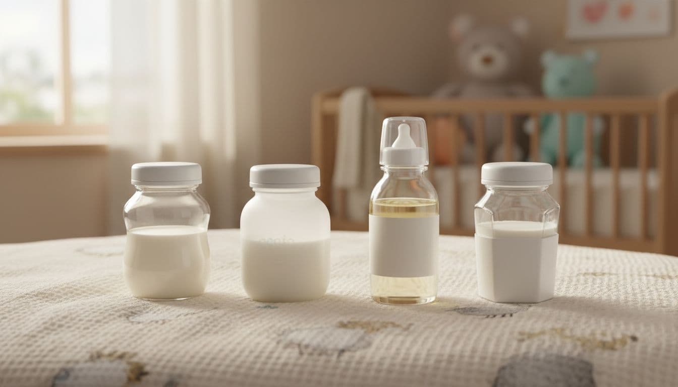 Four different baby formula bottles—standard cow milk, gentle partial hydrolysis, hypoallergenic, and lactose-free—arranged on a soft nursery blanket with warm natural light.