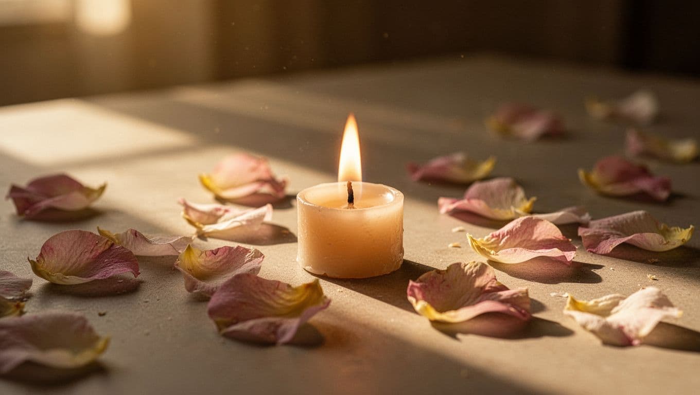 A single glowing candle flame flickers beside soft, delicate flower petals arranged on a dark surface. Warm morning sunlight streams through the scene, creating high contrast and ethereal golden highlights throughout.
