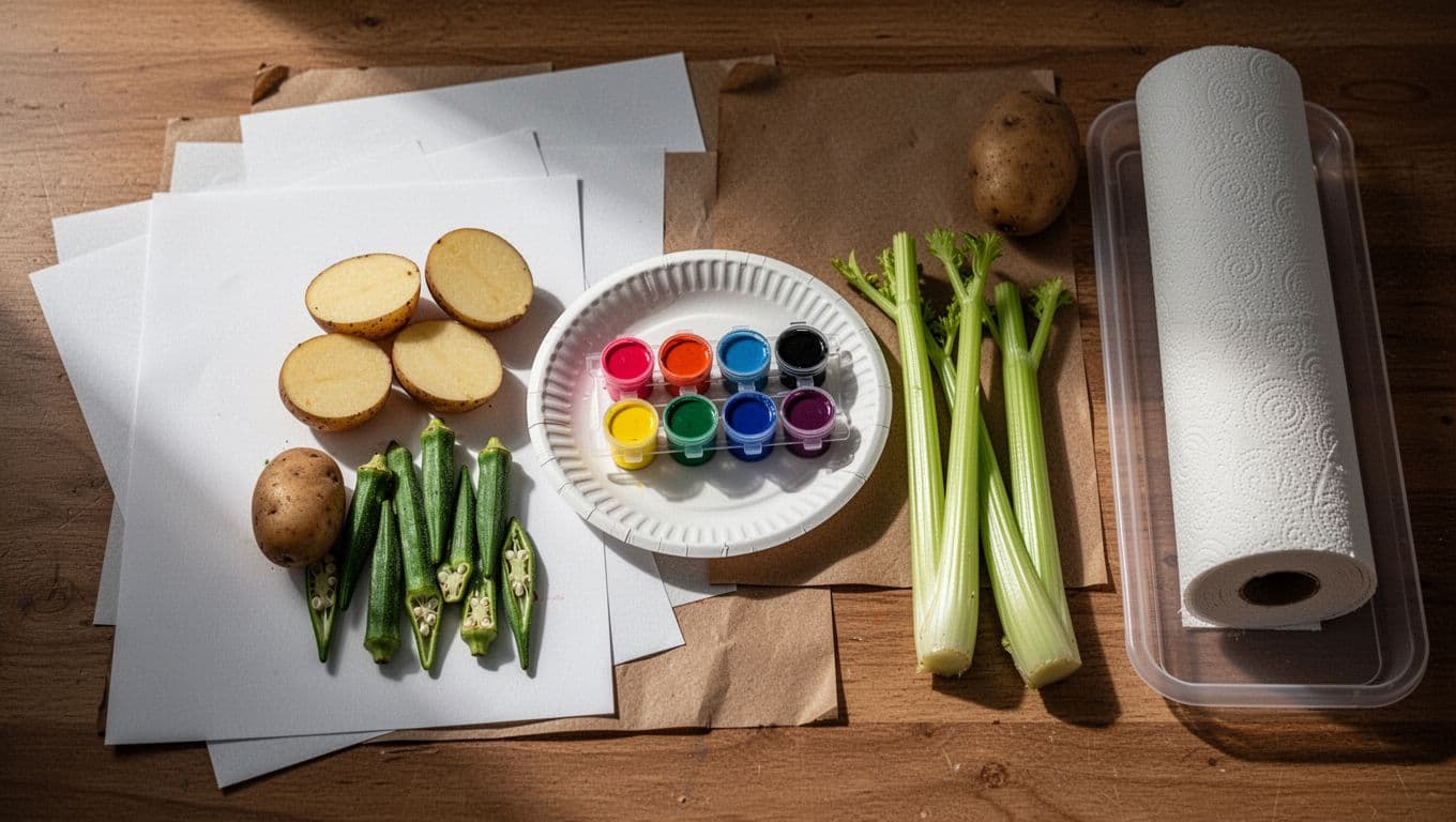 Cut okra, celery, and potatoes rest on a wooden table beside vibrant tempera paints and craft paper. These supplies are prepared for a creative session of vegetable printing and paper crafting.
