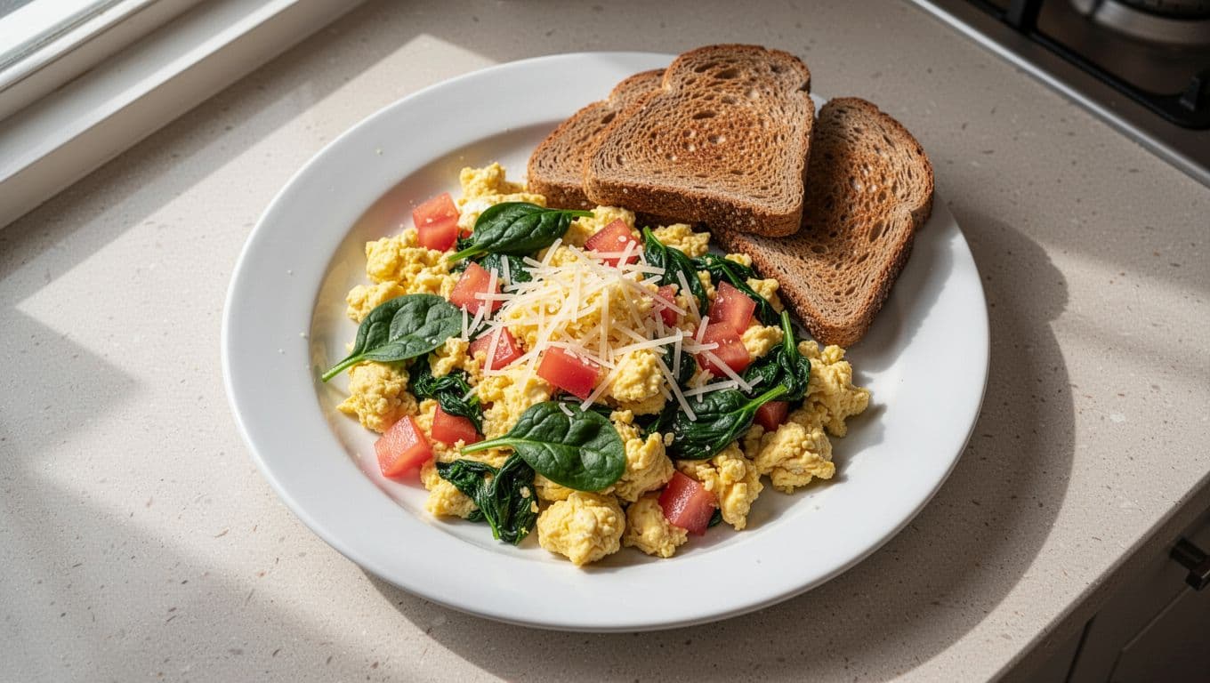 White plate with scrambled eggs mixed with spinach, tomatoes, cheese, and whole grain toast on side.
