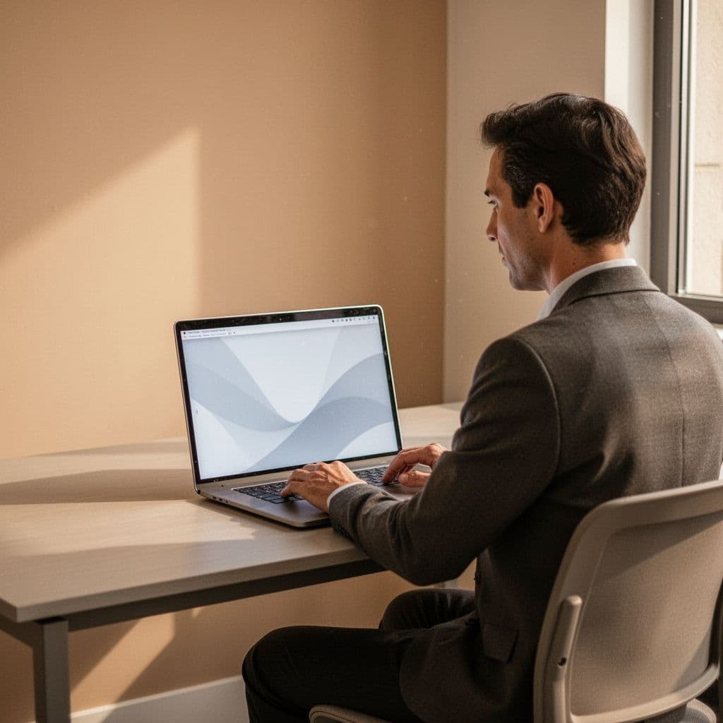 Person at clean desk using laptop from side angle in minimalist office.