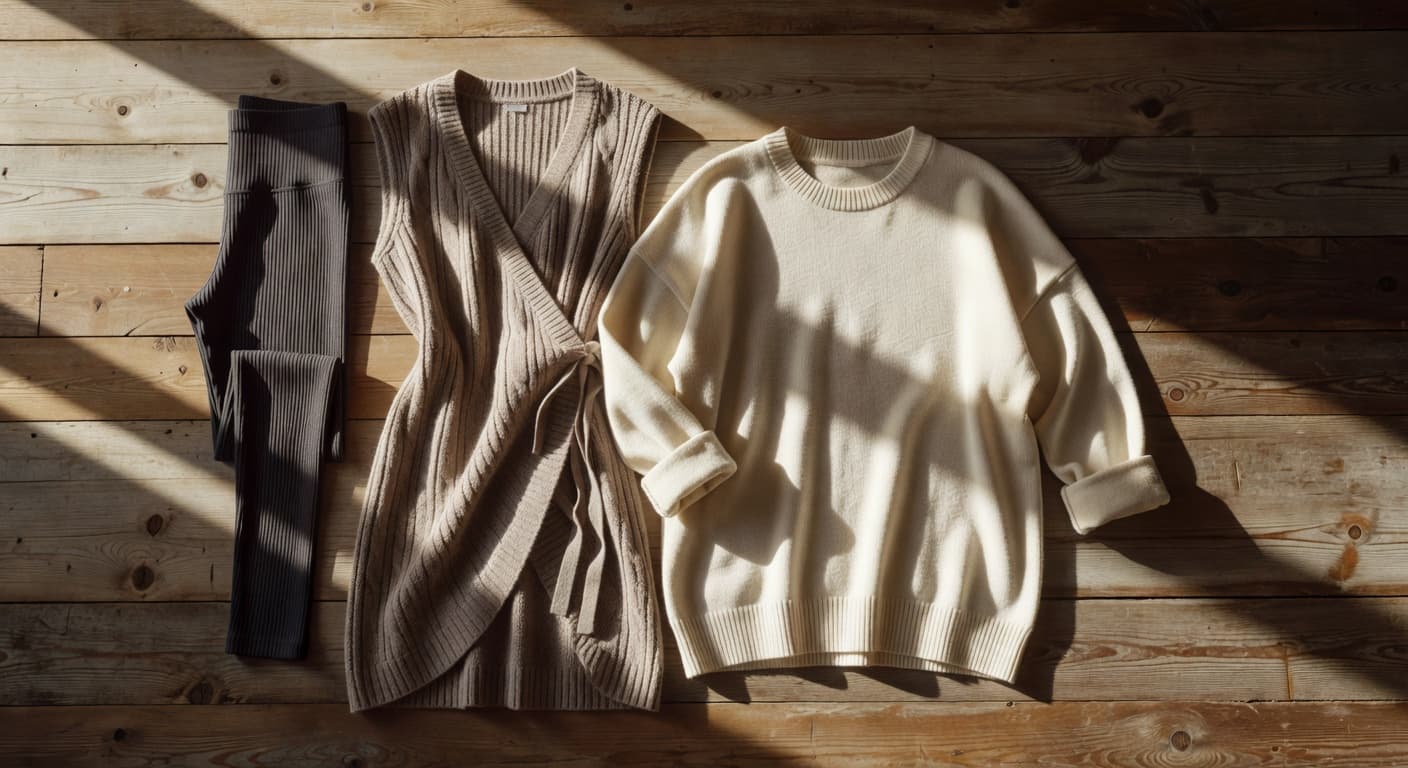 Ribbed leggings, a soft knit wrap dress, and an oversized cotton sweater are arranged neatly on a textured wooden surface. Warm natural light highlights the fabric textures and cozy aesthetic.