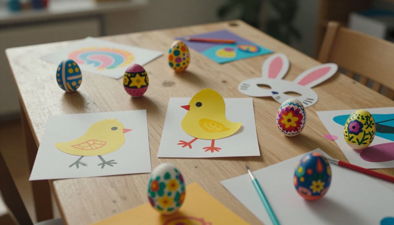 A messy creative table displays a decorated bunny mask, a handcrafted paper chick, and several brightly painted eggs. Natural light illuminates the textured supplies spread across the wooden workspace surface.