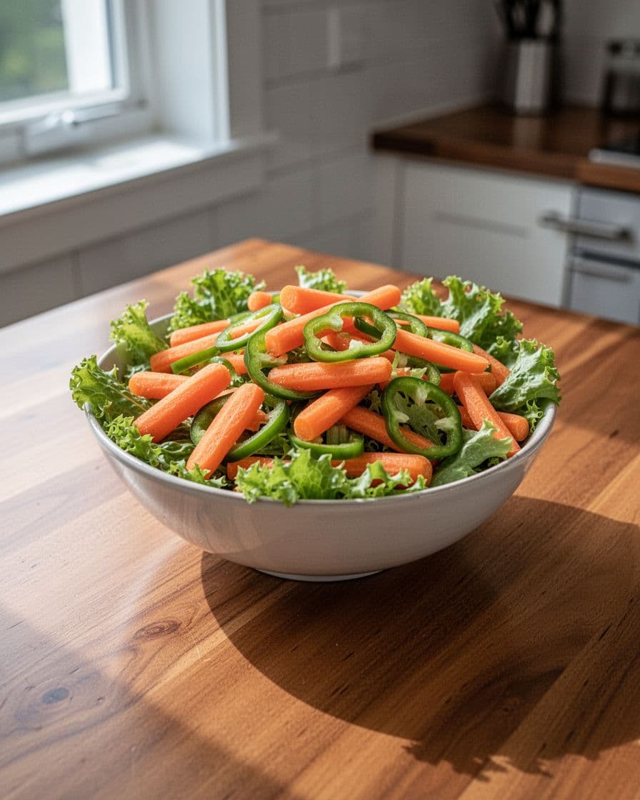 Salad bowl with fresh orange and green ingredients centers on wooden kitchen table under soft light.